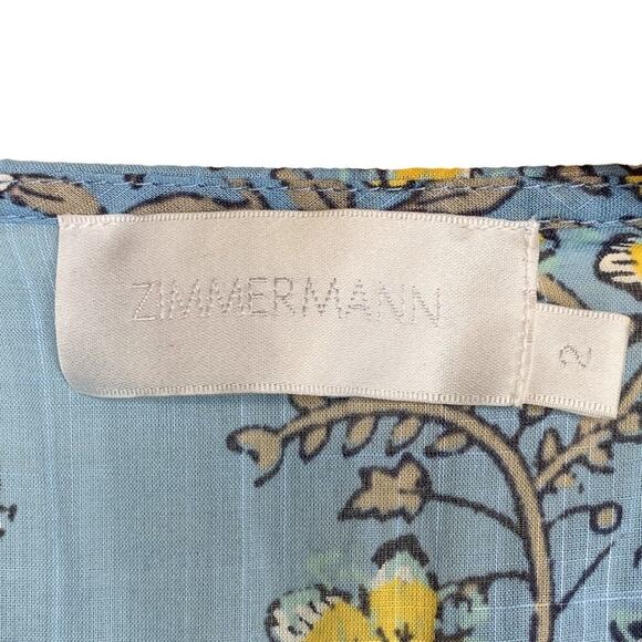 Zimmermann Caravan Tiered Sun Dress Splice Blue Floral Ruffle Pom Pom Trim Mini - Picture 12 of 13